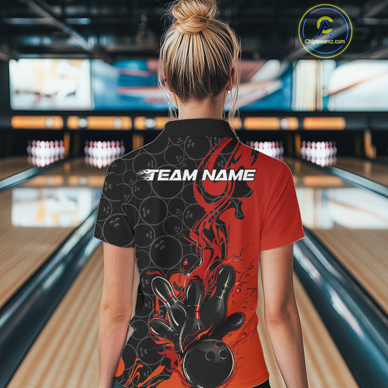 Custom Red Orange Fire Flame Bowling Team Women Polo Shirts, Bowling League Shirt IPHW10184