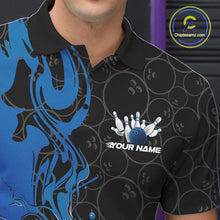 Load image into Gallery viewer, Custom Black And Blue Fire Flame Bowling Team Men Polo Shirts, Bowling League Shirt IPHW10185