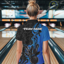 Load image into Gallery viewer, Custom Black And Blue Fire Flame Bowling Team Women Polo Shirts, Bowling League Shirt IPHW10185