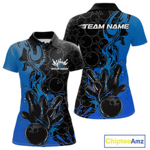Load image into Gallery viewer, Custom Black And Blue Fire Flame Bowling Team Women Polo Shirts, Bowling League Shirt IPHW10185
