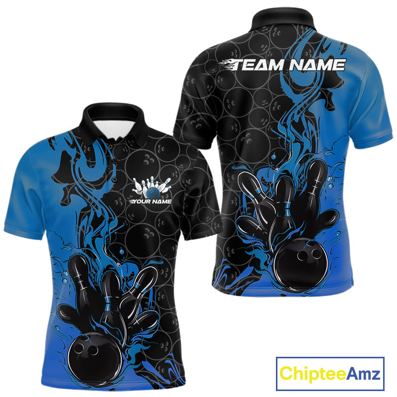 Custom Black And Blue Fire Flame Bowling Team Men Polo Shirts, Bowling League Shirt IPHW10185