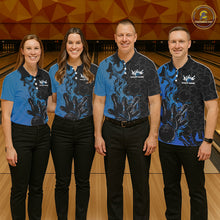 Load image into Gallery viewer, Custom Black And Blue Fire Flame Bowling Team Men Polo Shirts, Bowling League Shirt IPHW10185
