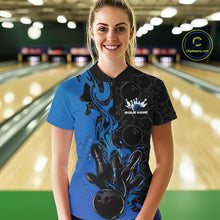 Load image into Gallery viewer, Custom Black And Blue Fire Flame Bowling Women Quarter-Zip Shirts, Bowling League Shirt IPHW10185