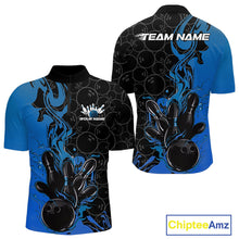 Load image into Gallery viewer, Custom Black And Blue Fire Flame Bowling Team Men Quarter-Zip Shirts, Bowling League Shirt IPHW10185