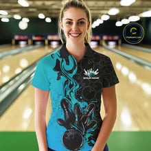 Load image into Gallery viewer, Custom Black And Blue Fire Flame Bowling Team Women Polo Shirts, Bowling League Shirt IPHW10186