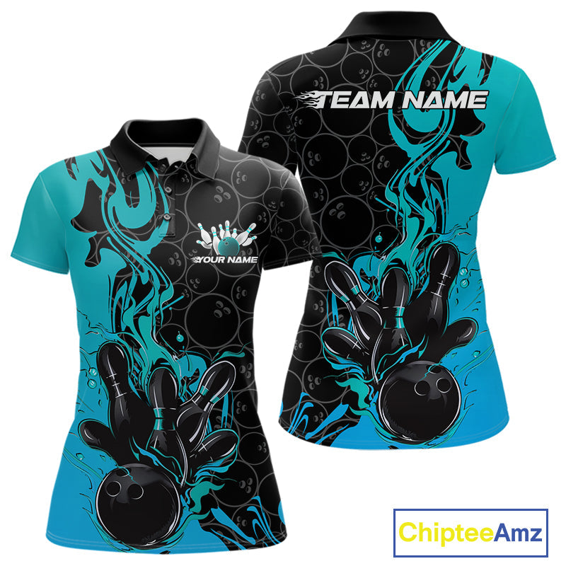 Custom Black And Blue Fire Flame Bowling Team Women Polo Shirts, Bowling League Shirt IPHW10186