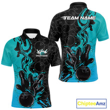 Load image into Gallery viewer, Custom Black And Blue Fire Flame Bowling Team Men Polo Shirts, Bowling League Shirt IPHW10186