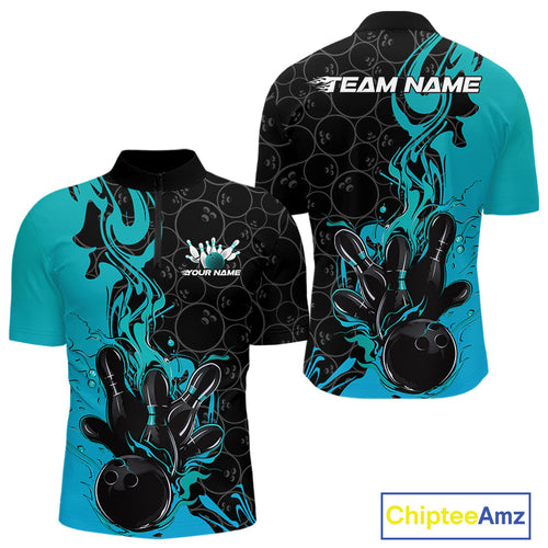 Custom Black And Blue Fire Flame Bowling Team Men Quarter-Zip Shirts, Bowling League Shirt IPHW10186