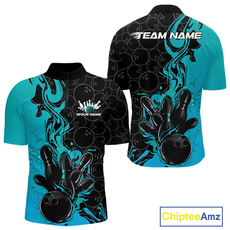 Custom Black And Blue Fire Flame Bowling Team Men Quarter-Zip Shirts, Bowling League Shirt IPHW10186