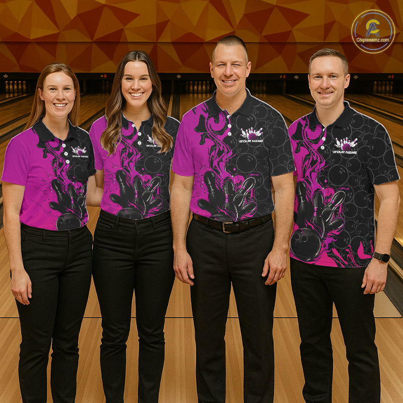 Custom Pink Purple Fire Flame Bowling Team Men Polo Shirts, Bowling League Shirt IPHW10187