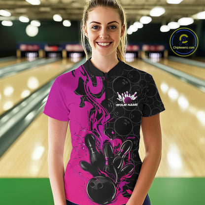 Custom Pink Purple Fire Flame Bowling Team Women Quarter-Zip Shirt, Bowling League Shirt IPHW10187