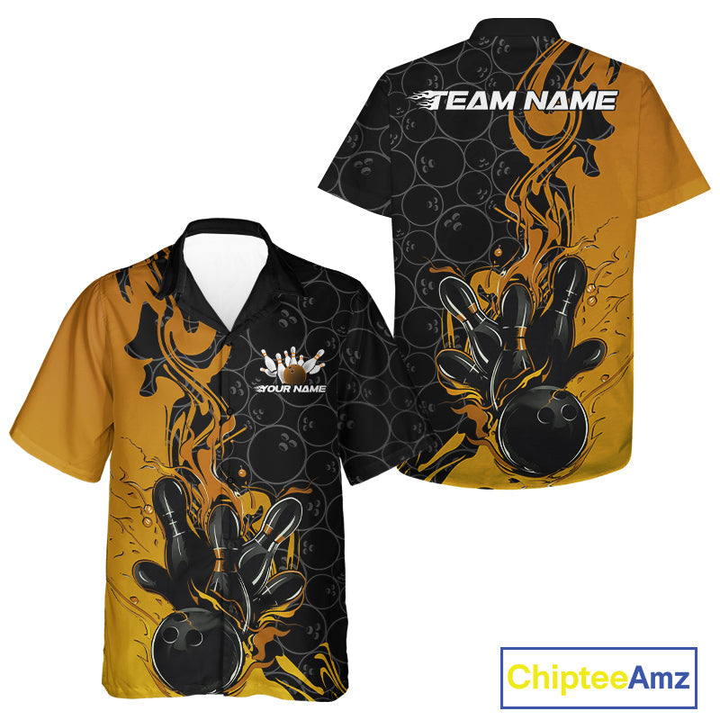 Custom Black And Gold Flame Bowling Team Men And Women Hawaiian Shirts, Yellow Bowling League Shirt IPHW10188