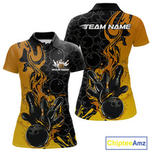 Load image into Gallery viewer, Custom Black And Gold Flame Bowling Team Women Polo Shirts, Yellow Bowling League Shirt IPHW10188
