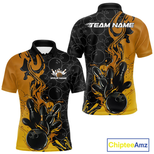 Custom Black And Gold Flame Bowling Team Men Polo Shirts, Yellow Bowling League Shirt IPHW10188