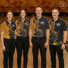 Load image into Gallery viewer, Custom Black And Gold Flame Bowling Team Men Polo Shirts, Yellow Bowling League Shirt IPHW10188