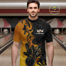 Load image into Gallery viewer, Custom Black And Gold Flame Bowling Team Men Quarter-Zip Shirts, Yellow Bowling League Shirt IPHW10188