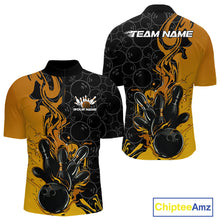 Load image into Gallery viewer, Custom Black And Gold Flame Bowling Team Men Quarter-Zip Shirts, Yellow Bowling League Shirt IPHW10188