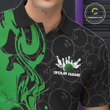 Load image into Gallery viewer, Custom Black And Green Flame Bowling Team Men Polo Shirts, Bowling League Shirt IPHW10189