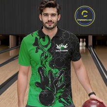 Load image into Gallery viewer, Custom Black And Green Flame Bowling Team Men Polo Shirts, Bowling League Shirt IPHW10189