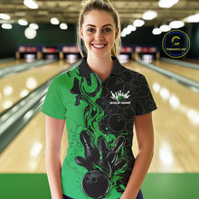 Load image into Gallery viewer, Custom Black And Green Flame Bowling Team Women Polo Shirts, Bowling League Shirt IPHW10189