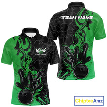 Load image into Gallery viewer, Custom Black And Green Flame Bowling Team Men Polo Shirts, Bowling League Shirt IPHW10189