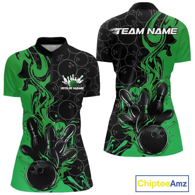 Custom Black And Green Flame Bowling Team Women Quarter-Zip Shirts, Bowling League Shirt IPHW10189