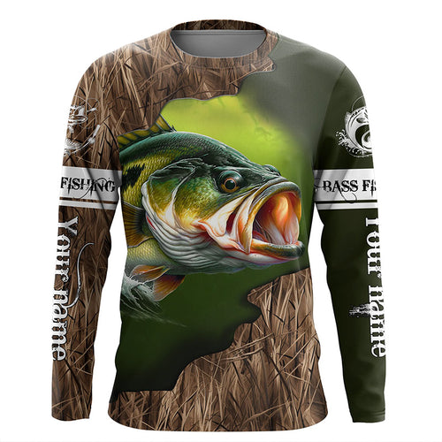 Custom Largemouth Bass Fishing Camo Long Sleeve Fishing Shirts, Bass Tournament Fishing Jerseys IPHW5701