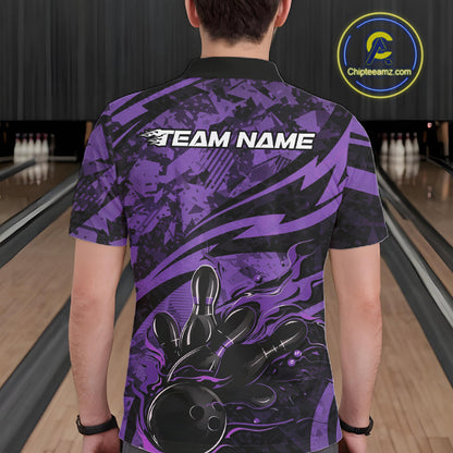 Custom Purple Camo Flame Bowling Men Polo Shirts, Camouflage Bowling Team Jerseys IPHW10346