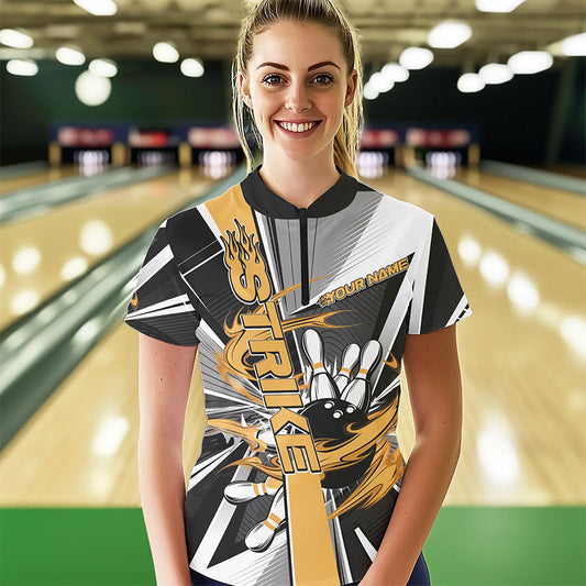 Custom Black And Yellow Strike Bowling Women Quarter-Zip Shirts, Bowling Team Uniform IPHW8759