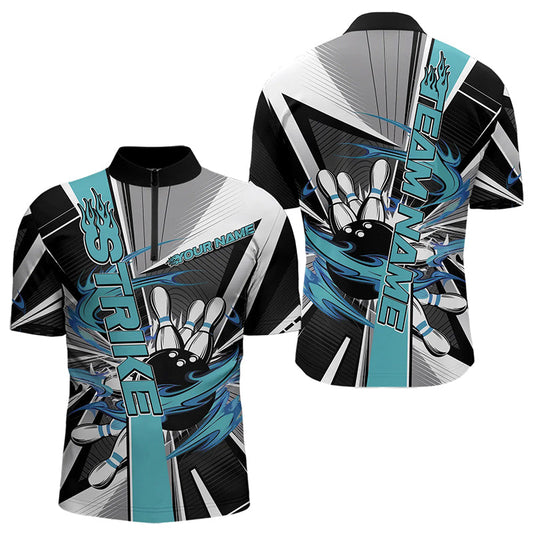 Custom Black And Blue Strike Bowling Men Quarter-Zip Shirts, Bowling Team League Shirt With Name IPHW8760