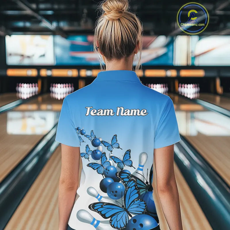 Custom Blue Gradient Butterfly Bowling Women Polo Shirts For Team, Bowling League Shirt IPHW9007
