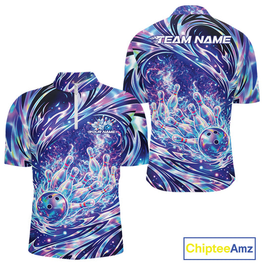 Front and back view of a men’s quarter-zip bowling shirt featuring galaxy bowling ball striking pins cosmic illustration