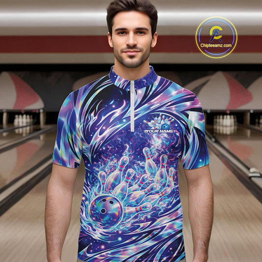 Male model in bowling lane wearing quarter-zip shirt with galaxy bowling ball hitting pins dynamic sports artwork