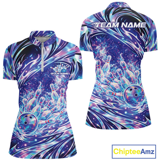 Front and back mockup of womens bowling quarter zip featuring a galaxy styled bowling ball striking pins with cosmic sports inspired artwork.