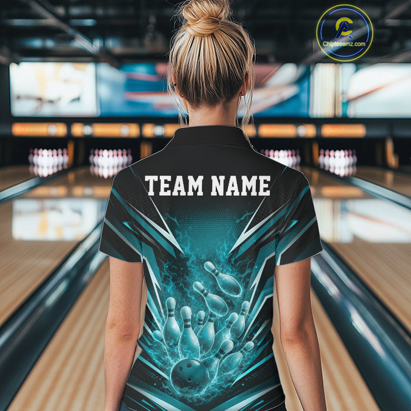 Front view male model in bowling lane wearing quarter-zip shirt featuring galaxy bowling ball striking pins artwork