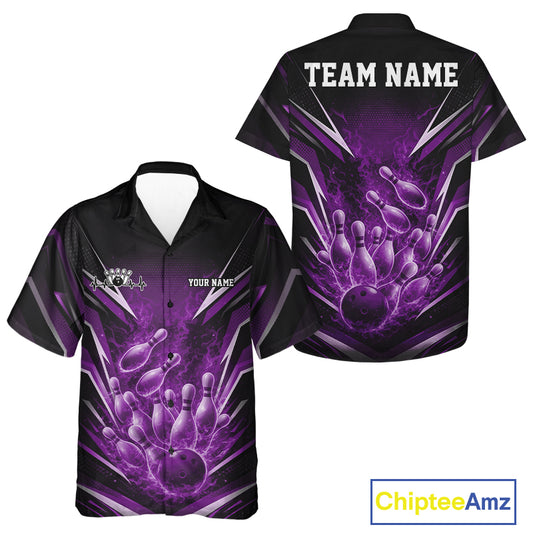 Black and purple button-up bowling shirt mockup shown from front and back with dynamic flaming bowling graphics.