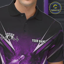 Load image into Gallery viewer, Custom Purple Fire Flame Bowling Men Polo Shirt, Bowling Team Tournament Outfit IPHW11135