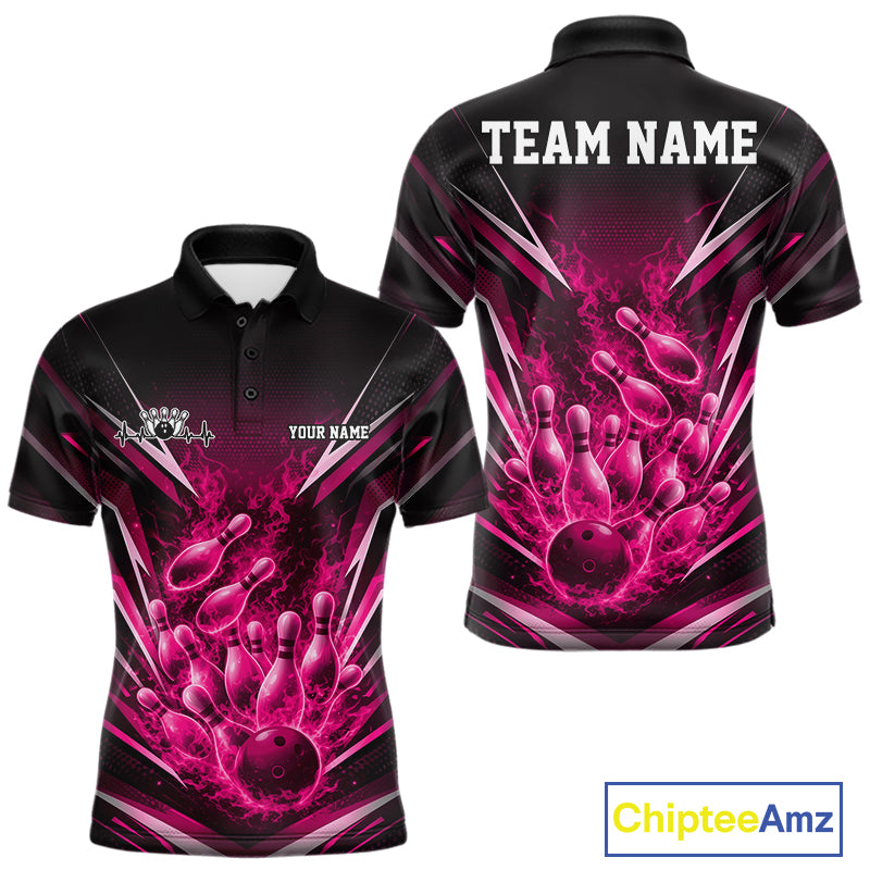 Front and back mens bowling polo mockup in black and pink featuring a flaming bowling ball striking pins with an explosive fire burst.