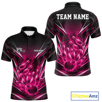 Front and back mens bowling polo mockup in black and pink featuring a flaming bowling ball striking pins with an explosive fire burst.