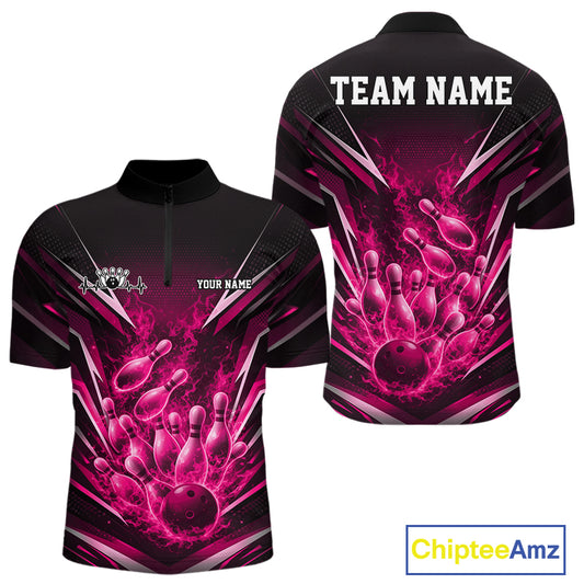 Front and back view men’s quarter-zip bowling shirt mockup featuring flaming bowling ball striking pins pink explosive fire burst artwork