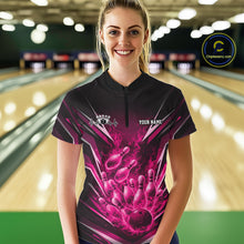 Load image into Gallery viewer, Custom Pink Fire Flame Bowling Women Quarter-Zip Shirt, Bowling Team Tournament Outfit IPHW11136