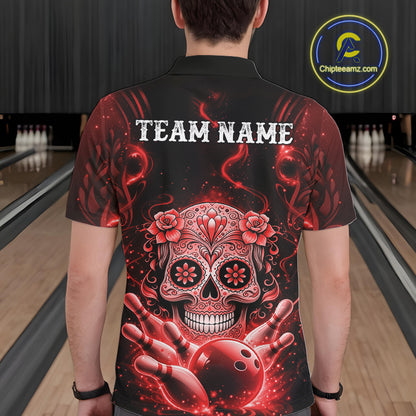 Back view of a male model in a bowling center wearing a black and red bowling polo shirt with floral sugar skull and bowling ball graphics.
