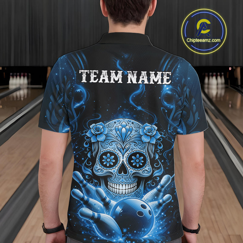 Back view of a male model at a bowling alley wearing a black and blue bowling polo shirt with sugar skull and bowling-themed design.