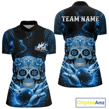 Load image into Gallery viewer, Custom Blue Sugar Skull Bowling Women Quarter-Zip Shirt, Halloween Team Bowling Outfit IPHW11146