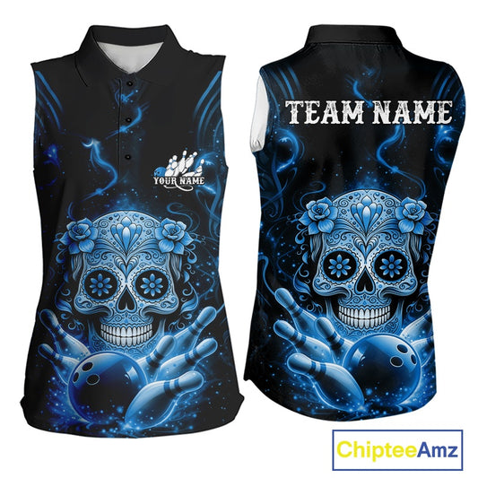 Front and back display of a black and blue women’s sleeveless bowling shirt featuring a floral sugar skull above bowling pins and a bowling ball.