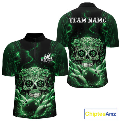 Front and back mockup of a black and green mens bowling quarter-zip shirt showcasing a floral sugar skull motif above a bowling ball and bowling pins.