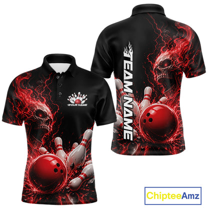 Front and back mockup of a black men's bowling polo featuring a red flaming skull, lightning, bowling pins, and a custom name.
