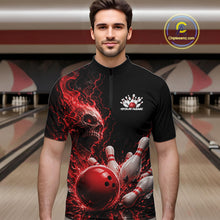Load image into Gallery viewer, Custom Name Red Flame Skull Bowling Men Quarter-Zip Shirts, Halloween Team Bowling Outfit IPHW11391