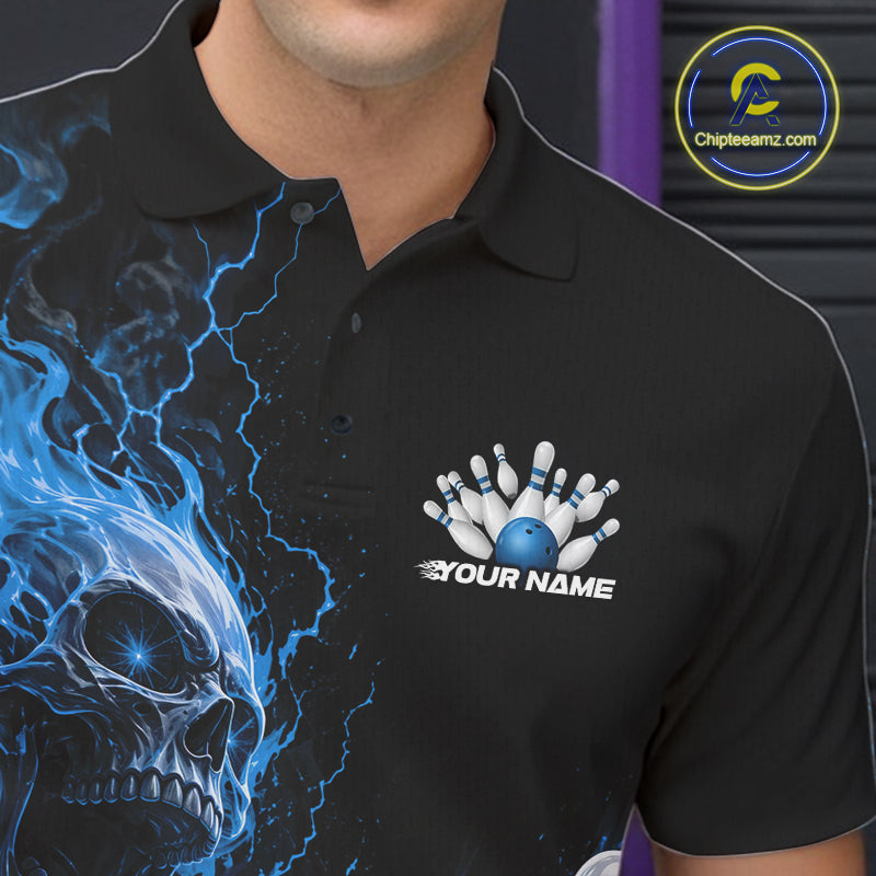 Close up of the left chest on a black bowling polo featuring a blue flaming skull graphic with a custom name.
