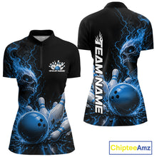 Load image into Gallery viewer, Custom Name Blue Flame Skull Bowling Women Quarter-Zip Shirts, Halloween Team Outfit IPHW11392